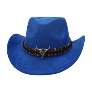 Detailed view of a bright blue wide-brim cowboy hat with a decorative bull skull band