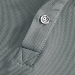 Close-up of a grey polo shirt featuring a single button and breathable piqué cotton texture