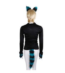 Detail view of the black and blue plush fox tail and ears for cosplay accessories