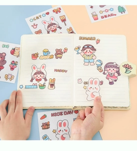 Close-up of cute cartoon PVC stickers featuring bears and cats on a notebook page