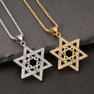 Star Of David Hexagram Pendant Necklace Stainless Steel Gold Plated Rhinestone Hip Hop Jewelry