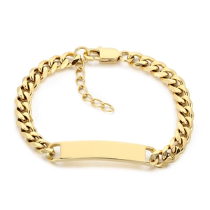 Polished gold titanium steel Cuban link bracelet for men with engravable curved ID plate