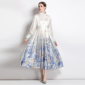 Floral print satin long dress with stand collar and lantern sleeves in off-white