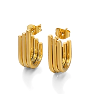 Three-layer irregular gold-plated stainless steel earrings on a clean white background
