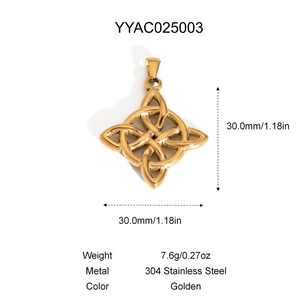 Vue détaillée du pendentif nœud celtique doré en acier inoxydable 304 avec dimensions