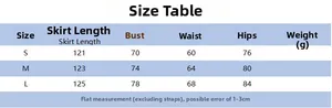 Detailed size chart for the strapless slim fit maxi dress with measurements in centimeters