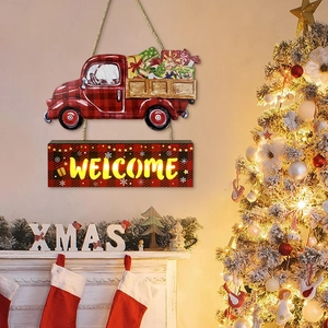 Weihnachts Türhänger Holzschild LED Beleuchtet Roter LKW Welcome Wanddeko Festliches Haus Ornament