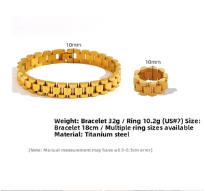Detail of 10mm gold titanium steel watch strap chain bracelet and ring set dimensions