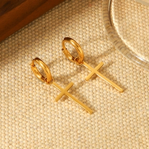Elegant gold stainless steel cross pendant hoop earrings for women in a luxury minimalist style