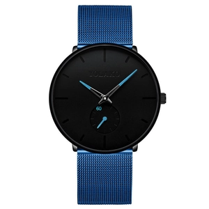 Detail of YOLAKO men's watch with blue mesh band and black dial with blue accents