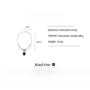 Detailed size chart for pearl bow necklace with blue crystal teardrop pendant