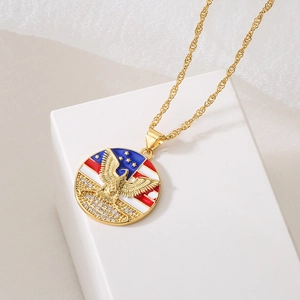 18K gold plated necklace with American flag eagle pendant and zircon accents