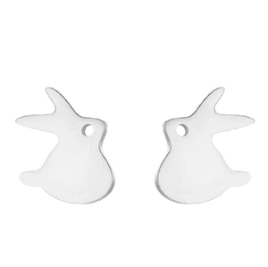 Detail view of rabbit shaped silver stainless steel earrings on a white background