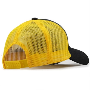 Detailed back view of a black and yellow trucker hat with mesh panels and snapback closure