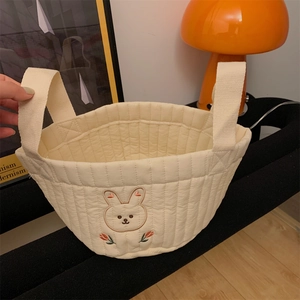 Quilted Cloth Storage Basket With Cute Cartoon Embroidery Handles Portable Organizer For Toys Makeup Stationery