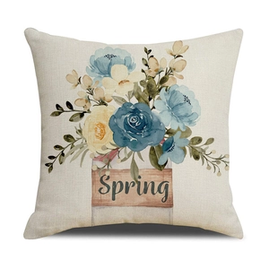 Beige linen Easter pillow cover with watercolor spring flowers and Spring text print
