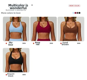 Detailed grid of V-neck sports bras in blue, rose, sand, and black for yoga workout