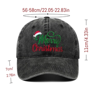 Detail view of washed gray denim baseball cap with Merry Christmas embroidery and dimensions