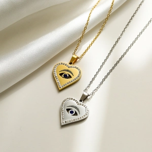 Heart Evil Eye Pendant Necklace Copper With Rhinestone Blue Stone Trendy Clavicle Chain Women