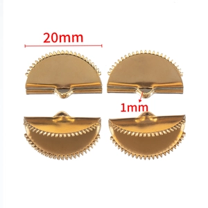 Detail showing 20mm golden semi-circle ribbon crimp ends with serrated edges and measurements