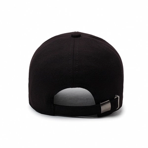 Rear view of black cotton baseball cap with adjustable silver metal buckle on white background