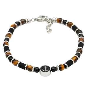 Bracelet pour homme en perles d'oeil de tigre avec pendentif ancre argentée ajustable