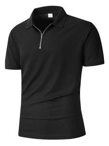 Detail of black sports Polo shirt featuring half-zip collar and breathable mesh fabric