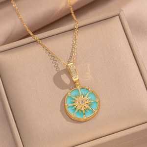 Exquisite 18K gold plated north star pendant necklace with turquoise enamel and zircons