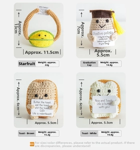 Size chart for crochet potato dolls and toast plushies with exact dimensions and weight