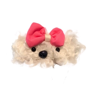 Cute white plush puppy hair clip with pink bow made of lamb wool for women and girls