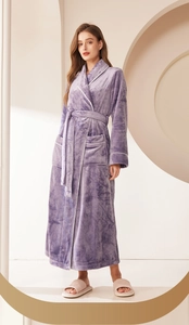 Violet long flannel bathrobe with contrast piping and thick fleece texture close-up