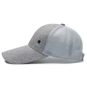 Grey mesh baseball cap with long visor and China embroidery, side view breathable hat