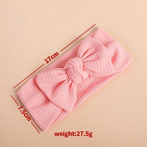 Pink ribbed knit baby headband size chart showing 17cm length and 7.5cm width dimensions