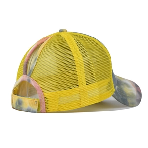 Detail of breathable mesh tie-dye ponytail sun hat with adjustable velcro back closure