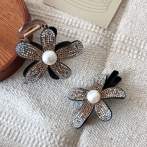 Flower Hair Claw Clip And Hairpin Rhinestone Artificial Pearl Alloy French Style Elegant Hair Accessory For Women