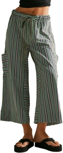 Detailed view of colorful striped wide-leg pants with drawstring waist and side pockets