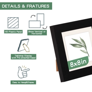 Detailed 8x8 inch black square frame with HD plastic panel and easel for tabletop or wall display