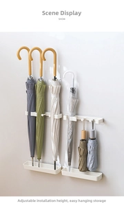 Adjustable wall-mounted white umbrella stand with separate drip tray for various lengths