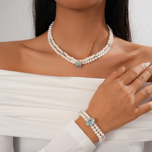 Double Layer Faux Artificial Pearl Necklace And Bracelet Women Vintage Blue Zircon Oval Gemstone Pendant Elegant Baroque Copper Jewelry