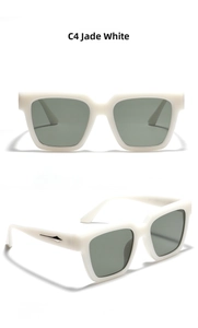 Detail view of jade white square sunglasses frame with silver metal arrow hinge accents