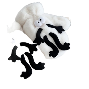 Funny white plush gloves with cartoon coal ball eyes for winter warmth and hand protection