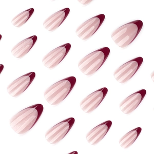 French almond press-on nails in burgundy cat-eye finish with subtle glitter on white base