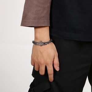 Vintage retro silver-black titanium steel curb chain bracelet for men in punk style