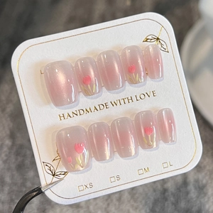 Faux Ongles À Presser Tulipe Rose Peints À La Main Œil De Chat Lustre Perlé Style Français Doux Carrés Ronds