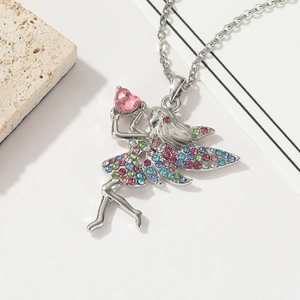 Colorful fairy necklace with pink heart pendant and sparkling rhinestones for girls