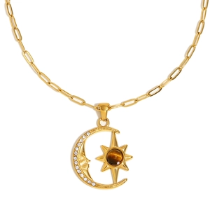18K gold plated crescent moon and star necklace with brown gemstone and paperclip chain