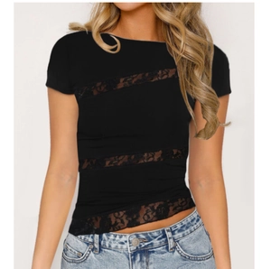 Women Sexy Lace Patchwork T-Shirt Round Neck Short Sleeve Slim Fit Polyester Spandex Streetwear Top