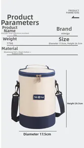 Detail view of cylindrical insulated lunch bag with shoulder strap and size dimensions