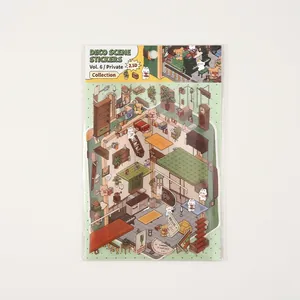 2.5D retro indoor scene stickers featuring piano and bookshelf for journal deco