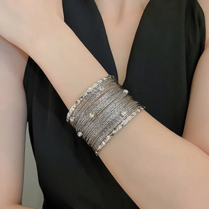 Elegant multi-layer hollow silver bangle with sparkling rhinestones for women